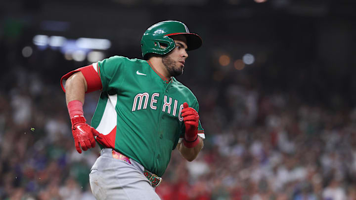 Mar 9, 2026; Houston, TX, United States; Mexico infielder Jonathan Aranda (8) hits a single in the sixth inning against the United States at Daikin Park. Mandatory Credit: Troy Taormina-Imagn Images Mar 9, 2026; Houston, TX, United States; Mexico infielder Jonathan Aranda (8) hits a single in the sixth inning against the United States at Daikin Park. Mandatory Credit: Troy Taormina-Imagn Images