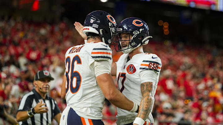 Aug 22, 2025; Kansas City, Missouri, USA; Chicago Bears tight end Joel Wilson (86) celebrates with quarterback Tyson Bagent (17) after scoring a touchdown during the second half against the Kansas City Chiefs at GEHA Field at Arrowhead Stadium. Mandatory Credit: Jay Biggerstaff-Imagn Images