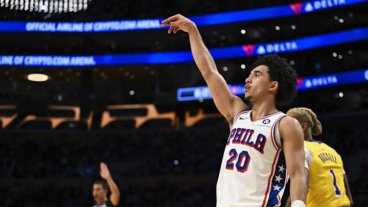Nov 8, 2024; Los Angeles, California, USA; Philadelphia 76ers guard Jared McCain (20) shoots a three point basket against the Los Angeles Lakers during the first half at Crypto.com Arena. Mandatory Credit: Jonathan Hui-Imagn Images Nov 8, 2024; Los Angeles, California, USA; Philadelphia 76ers guard Jared McCain (20) shoots a three point basket against the Los Angeles Lakers during the first half at Crypto.com Arena. Mandatory Credit: Jonathan Hui-Imagn Images