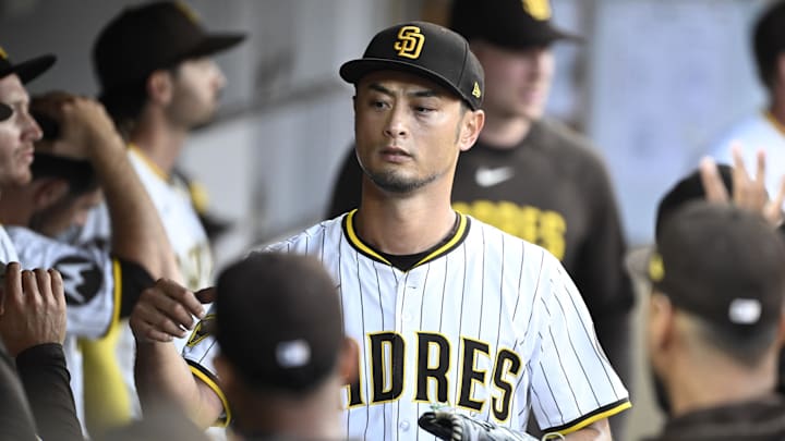 Jul 7, 2025; San Diego, California, USA; San Diego Padres starting pitcher Yu Darvish (11) leaves the game in the fourth inning against the Arizona Diamondbacks at Petco Park. Mandatory Credit: Denis Poroy-Imagn Images