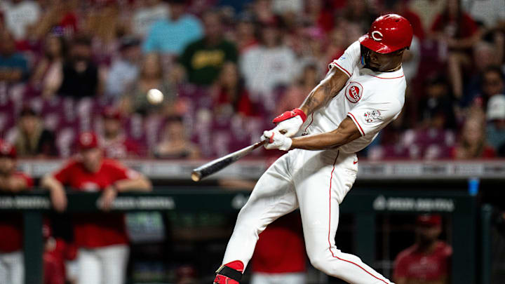 Cincinnati Reds right fielder Will Benson (30) hits a 3 run home run to give the Cincinnati Reds the go ahead run in the seventh inning of the MLB game between the Cincinnati Reds and Oakland Athletics at Great American Ball Park in Cincinnati on Wednesday, Aug. 28, 2024.