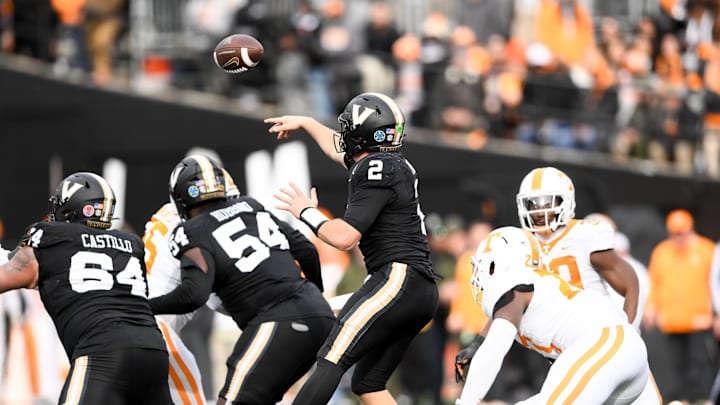 Nov 30, 2024; Nashville, Tennessee, USA; Vanderbilt Commodores quarterback Diego Pavia (2) passes the ball against the Tennessee Volunteers during the second half at FirstBank Stadium. Mandatory Credit: Steve Roberts-Imagn Images Nov 30, 2024; Nashville, Tennessee, USA; Vanderbilt Commodores quarterback Diego Pavia (2) passes the ball against the Tennessee Volunteers during the second half at FirstBank Stadium. Mandatory Credit: Steve Roberts-Imagn Images