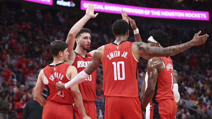 Apr 26, 2026; Houston, Texas, USA; Houston Rockets center Alperen Sengun (28) huddles with teammates during the second quarter against the Los Angeles Lakers during game four of the first round of the 2026 NBA Playoffs at Toyota Center. Mandatory Credit: Troy Taormina-Imagn Images