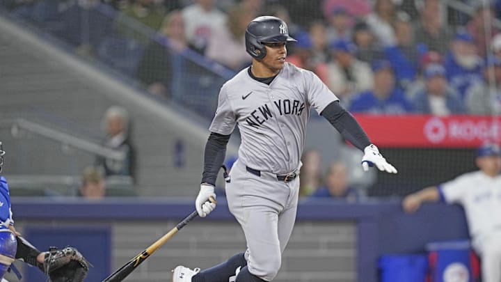 Apr 17, 2024; Toronto, Ontario, CAN; New York Yankees right fielder Juan Soto (22) hits a single