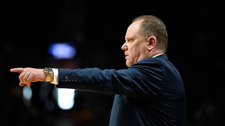 Mar 19, 2026; Portland, OR, USA; Wisconsin Badgers head coach Greg Gard reacts during the second half of a first round game of the men's 2026 NCAA Tournament against the High Point Panthers at Moda Center. Mandatory Credit: Troy Wayrynen-Imagn Images