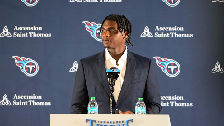 Apr 25, 2025; Nashville, TN, USA;  Tennessee Titans first round pick Cameron Ward during a press conference. Mandatory Credit: Steve Roberts-Imagn Images