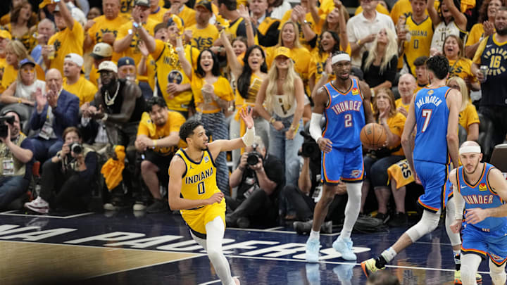 Jun 19, 2025; Indianapolis, Indiana, USA; Indiana Pacers guard Tyrese Haliburton (0) reacts after a play against the Oklahoma City Thunder during the first half of game six of the 2025 NBA Finals between the Oklahoma City Thunder and the Indiana Pacers at Gainbridge Fieldhouse. Mandatory Credit: Kyle Terada-Imagn Images