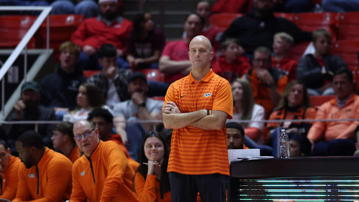 Jan 11, 2025; Salt Lake City, Utah, USA; Oklahoma State Cowboys head coach Steve Lutz looks on during the second half against the Utah Utes at Jon M. Huntsman Center. Mandatory Credit: Rob Gray-Imagn Images Jan 11, 2025; Salt Lake City, Utah, USA; Oklahoma State Cowboys head coach Steve Lutz looks on during the second half against the Utah Utes at Jon M. Huntsman Center. Mandatory Credit: Rob Gray-Imagn Images
