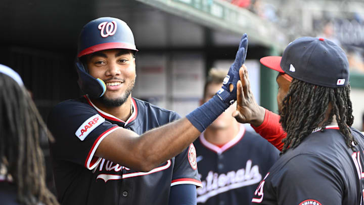 Jul 3, 2025; Washington, District of Columbia, USA; Washington Nationals left fielder James Wood (29) is congratulated by teammates after hitting a solo home run against the Detroit Tigers during the second inning at Nationals Park. 