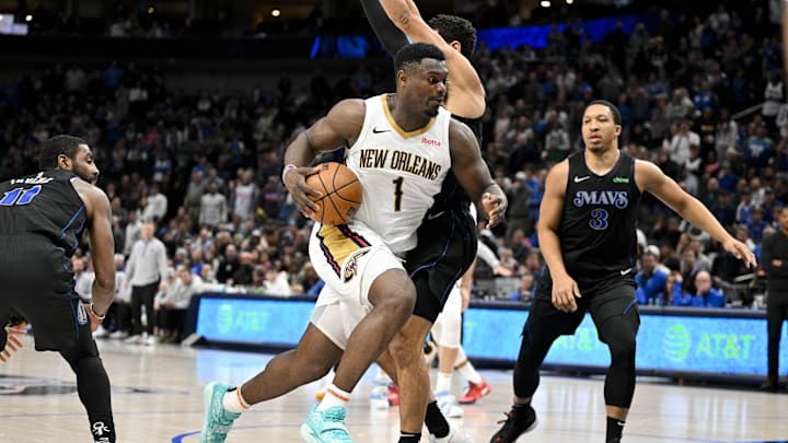 New Orleans Pelicans forward Zion Williamson (1) drives to the basket against the Dallas Mavericks during the second half at the American Airlines Center. Mandatory Credit: Jerome Miron-Imagn Images