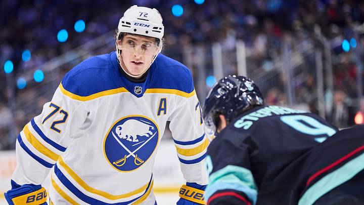 Dec 14, 2025; Seattle, Washington, USA; Buffalo Sabres center Tage Thompson (72) looks on before a face off during the first period against the Seattle Kraken at Climate Pledge Arena. Mandatory Credit: Blake Dahlin-Imagn Images Dec 14, 2025; Seattle, Washington, USA; Buffalo Sabres center Tage Thompson (72) looks on before a face off during the first period against the Seattle Kraken at Climate Pledge Arena. Mandatory Credit: Blake Dahlin-Imagn Images
