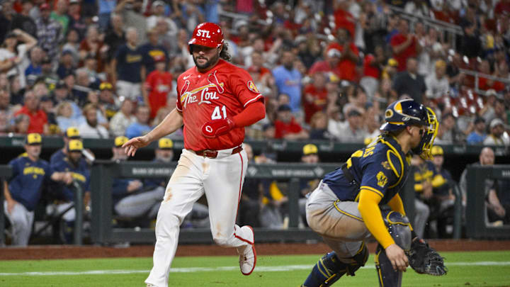 Sep 19, 2025; St. Louis, Missouri, USA;  St. Louis Cardinals first baseman Alec Burleson (41) scores against the Milwaukee Brewers during the fifth inning at Busch Stadium. Mandatory Credit: Jeff Curry-Imagn Images