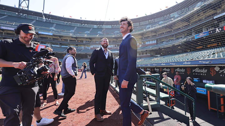 Jul 26, 2023; San Francisco, California, USA; San Francisco Giants 2023 first round draft pick Bryce Eldridge walks on to the field before the game against the Oakland Athletics at Oracle Park. Mandatory Credit: Sergio Estrada-Imagn Images