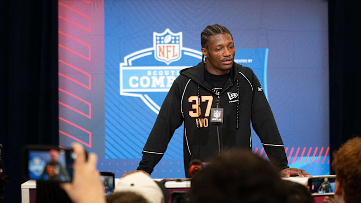 Feb 27, 2026; Indianapolis, IN, USA; Ohio State wideout Carnell Tate (WO37) speaks to members of the media during the NFL Combine at the Indiana Convention Center. Mandatory Credit: Jacob Musselman-Imagn Images