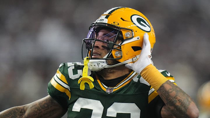 Green Bay Packers cornerback Jaire Alexander (23) reacts after intercepting a pass during the first