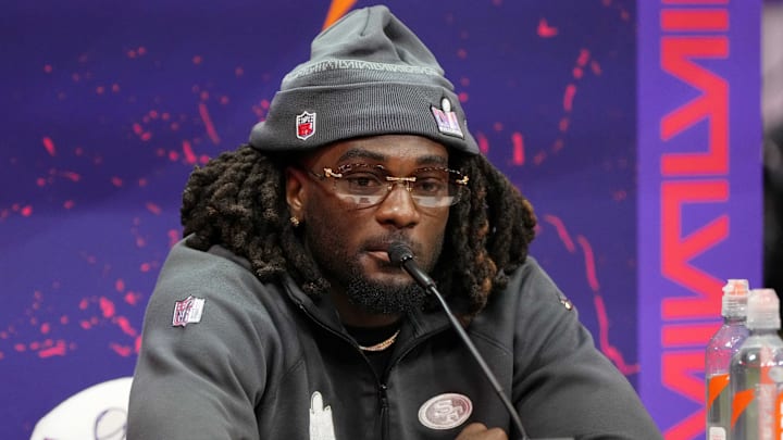 Feb 5, 2024; Las Vegas, NV, USA; San Francisco 49ers wide receiver Brandon Aiyuk (11) talks to the media during Super Bowl LVIII Opening Night at Allegiant Stadium. Mandatory Credit: Lucas Peltier-USA TODAY Sports