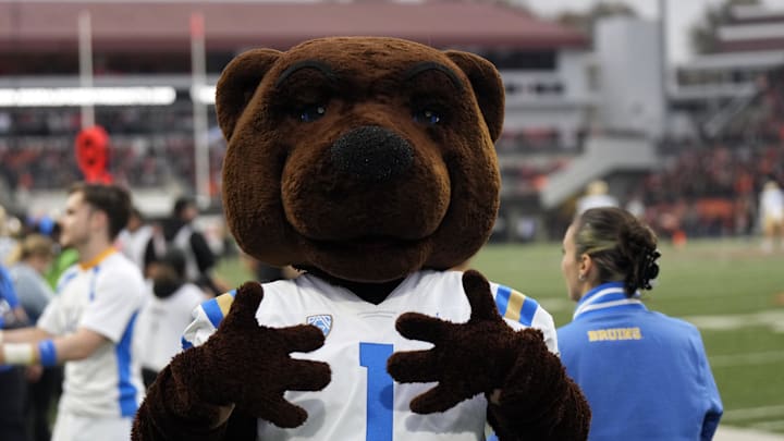 Oct 14, 2023; Corvallis, Oregon, USA; UCLA Bruins mascot Joe Bruin poses during the game during the first half against the Oregon State Beavers at Reser Stadium. Mandatory Credit: Soobum Im-Imagn Images
