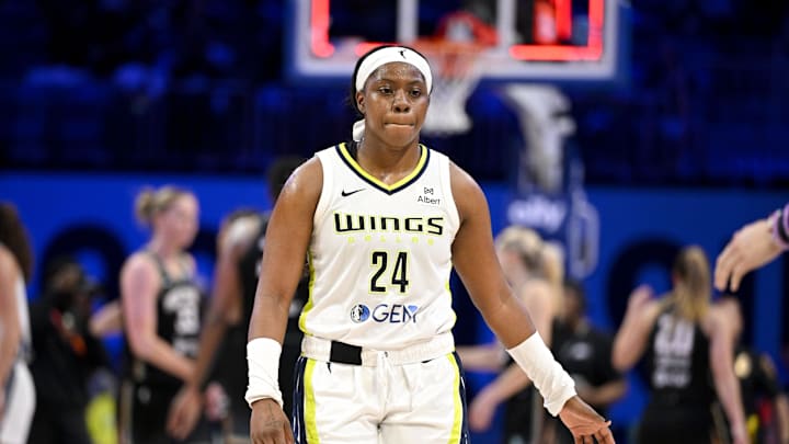 Dallas Wings guard Arike Ogunbowale walks off the court after the Wings lose to the New York Liberty.
