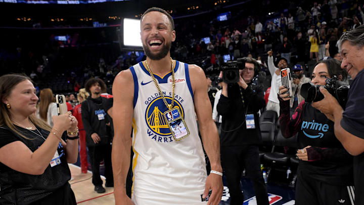 Apr 15, 2026; Inglewood, California, USA; Golden State Warriors guard Stephen Curry (30) smiles on the court after defeating the Los Angeles Clippers during the play-in rounds of the 2026 NBA Playoffs at Intuit Dome. 