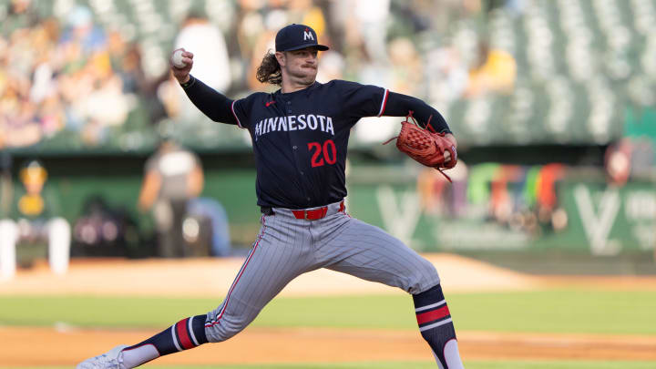 Jun 21, 2024; Oakland, California, USA; Minnesota Twins pitcher Chris Paddack (20) pitches against the Oakland Athletics during the first inning at Oakland-Alameda County Coliseum. Mandatory Credit: Stan Szeto-USA TODAY Sports