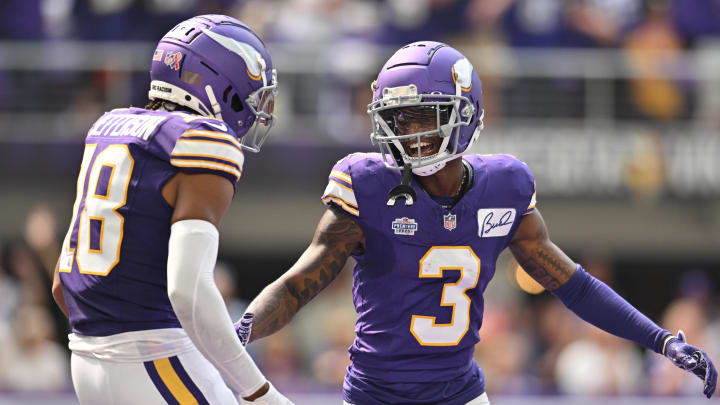 Sep 10, 2023; Minneapolis, Minnesota, USA; Minnesota Vikings wide receiver Jordan Addison (3) reacts with wide receiver Justin Jefferson (18) after scoring his first career touchdown pass from quarterback Kirk Cousins (not pictured) against the Tampa Bay Buccaneers during the second quarter at U.S. Bank Stadium. Mandatory Credit: Jeffrey Becker-USA TODAY Sports Sep 10, 2023; Minneapolis, Minnesota, USA; Minnesota Vikings wide receiver Jordan Addison (3) reacts with wide receiver Justin Jefferson (18) after scoring his first career touchdown pass from quarterback Kirk Cousins (not pictured) against the Tampa Bay Buccaneers during the second quarter at U.S. Bank Stadium. Mandatory Credit: Jeffrey Becker-USA TODAY Sports