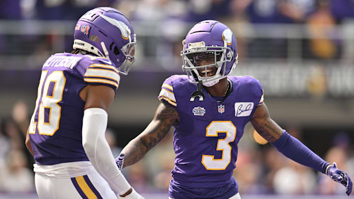 Sep 10, 2023; Minneapolis, Minnesota, USA; Minnesota Vikings wide receiver Jordan Addison (3) reacts with wide receiver Justin Jefferson (18) after scoring his first career touchdown pass from quarterback Kirk Cousins (not pictured) against the Tampa Bay Buccaneers during the second quarter at U.S. Bank Stadium. Mandatory Credit: Jeffrey Becker-Imagn Images Sep 10, 2023; Minneapolis, Minnesota, USA; Minnesota Vikings wide receiver Jordan Addison (3) reacts with wide receiver Justin Jefferson (18) after scoring his first career touchdown pass from quarterback Kirk Cousins (not pictured) against the Tampa Bay Buccaneers during the second quarter at U.S. Bank Stadium. Mandatory Credit: Jeffrey Becker-Imagn Images