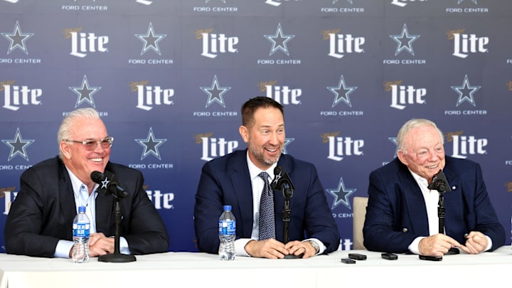 Jan 27, 2025; Frisco, TX, USA;   (L to R) Dallas Cowboys CEO Stephen Jones, head coach Brian Schottenheimer and owner Jerry Jones speak to the media at a press conference at the Star.  Mandatory Credit: Tim Heitman-Imagn Images