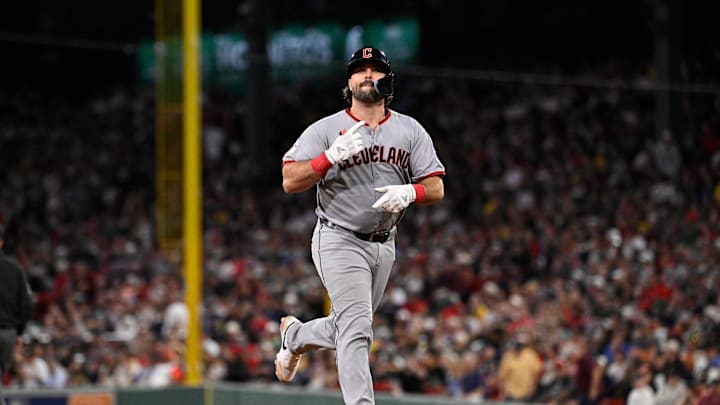 Sep 2, 2025; Boston, Massachusetts, USA;  Cleveland Guardians catcher Austin Hedges (27) reacts to hitting a home run against the Boston Red Sox during the sixth inning at Fenway Park. Mandatory Credit: Eric Canha-Imagn Images