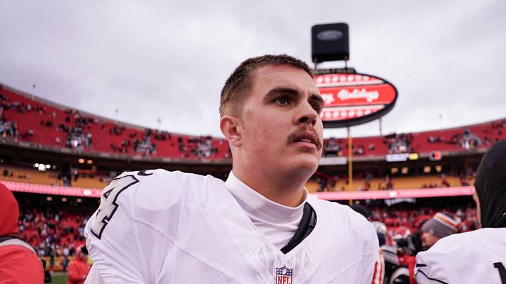 Dec 25, 2023; Kansas City, Missouri, USA; Las Vegas Raiders quarterback Aidan O'Connell (4) on field against the Kansas City Chiefs after the game at GEHA Field at Arrowhead Stadium. Mandatory Credit: Denny Medley-USA TODAY Sports Dec 25, 2023; Kansas City, Missouri, USA; Las Vegas Raiders quarterback Aidan O'Connell (4) on field against the Kansas City Chiefs after the game at GEHA Field at Arrowhead Stadium. Mandatory Credit: Denny Medley-USA TODAY Sports