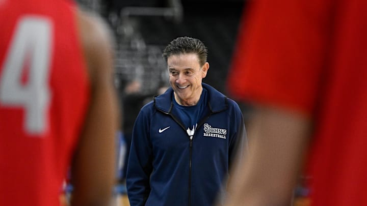 Mar 19, 2025; Providence, RI, USA; St. John's basketball head coach Rick Pitino watches over practice at Amica Mutual Pavilion. 