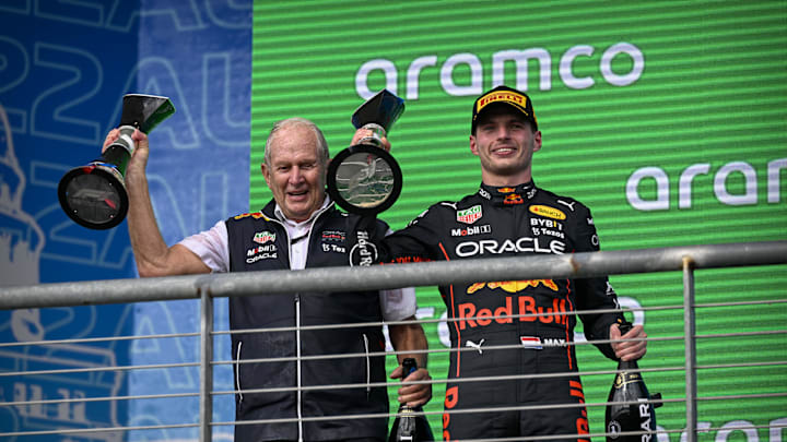 Oct 23, 2022; Austin, Texas, USA; Helmut Marko (left) and Red Bull Racing Limited driver Max Verstappen (right) of Team Netherlands celebrate winning the U.S. Grand Prix F1 race at Circuit of the Americas. Mandatory Credit: Jerome Miron-Imagn Images