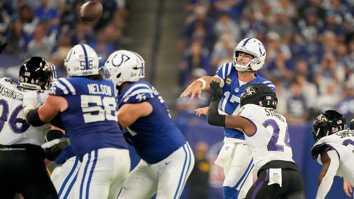 Indianapolis Colts quarterback Daniel Jones (17) lets a pass fly as Baltimore Ravens safety Malaki Starks (24) closes in Sunday, Sept. 13, 2026, during a game against the Baltimore Ravens at Lucas Oil Stadium in Indianapolis. Indianapolis Colts quarterback Daniel Jones (17) lets a pass fly as Baltimore Ravens safety Malaki Starks (24) closes in Sunday, Sept. 13, 2026, during a game against the Baltimore Ravens at Lucas Oil Stadium in Indianapolis.