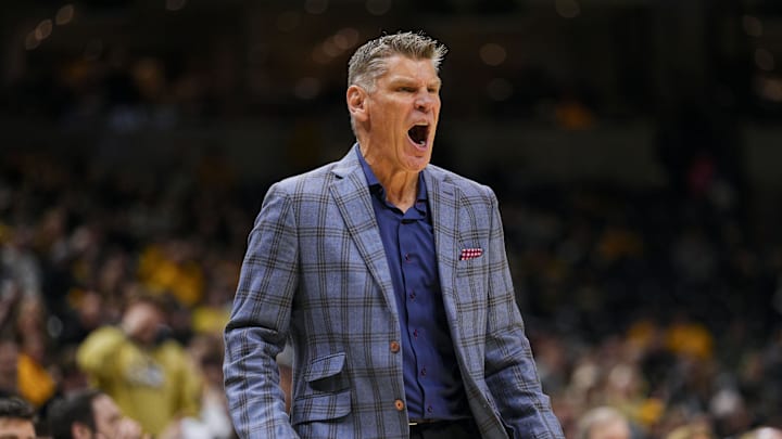 Jan 24, 2026; Columbia, Missouri, USA; Oklahoma Sooners head coach Porter Moser reacts during the first half against the Missouri Tigers at Mizzou Arena. Mandatory Credit: Jay Biggerstaff-Imagn Images