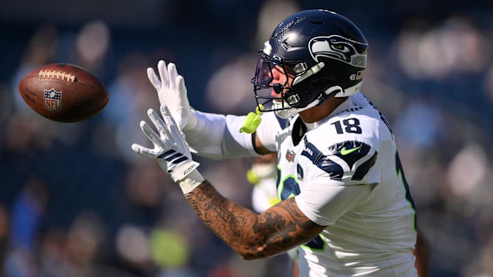 Nov 23, 2025; Nashville, Tennessee, USA;  Seattle Seahawks tight end Elijah Arroyo (18) warms up before a game against the Tennessee Titans at Nissan Stadium.