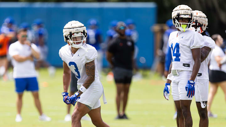 Florida Gators wide receiver Eugene Wilson III (3) prepares to runs pass route during Fall practice at Sanders Practice Fields in Gainesville, FL on Thursday, August 1, 2024. [Doug Engle/Gainesville Sun]