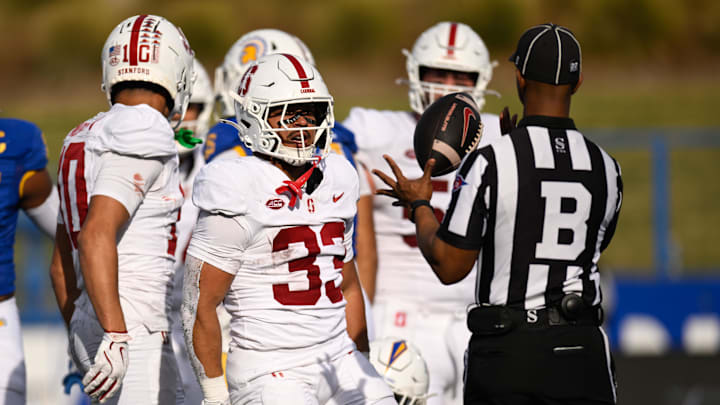 Nov 29, 2024; San Jose, California, USA; Stanford Cardinal running back Cole Tabb (33) celebrates against the San Jose State Spartans in the second quarter at CEFCU Stadium. Mandatory Credit: Eakin Howard-Imagn Images Nov 29, 2024; San Jose, California, USA; Stanford Cardinal running back Cole Tabb (33) celebrates against the San Jose State Spartans in the second quarter at CEFCU Stadium. Mandatory Credit: Eakin Howard-Imagn Images