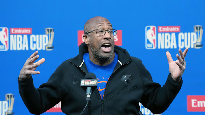 Dec 12, 2025; Las Vegas, NV, USA; New York Knicks head coach Mike Brown at press conference prior to the Emirates Cup semifinals at T-Mobile Arena. Mandatory Credit: Kirby Lee-Imagn Images Dec 12, 2025; Las Vegas, NV, USA; New York Knicks head coach Mike Brown at press conference prior to the Emirates Cup semifinals at T-Mobile Arena. Mandatory Credit: Kirby Lee-Imagn Images