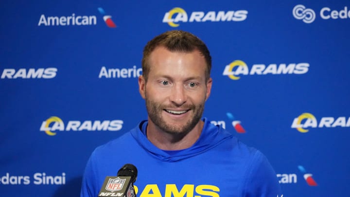 Oct 19, 2025; London, United Kingdom; Los Angeles Rams head coach Sean McVay at a press conference after a NFL International Series game against the Jacksonville Jaguars at Wembley Stadium. Mandatory Credit: Kirby Lee-Imagn Images