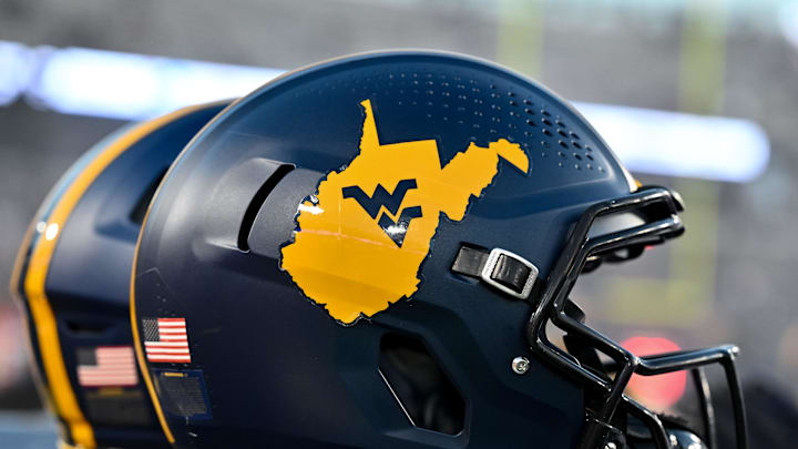 Oct 12, 2023; Houston, Texas, USA; A detailed view of a West Virginia Mountaineers helmet on the