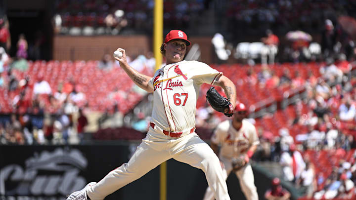 Jun 29, 2024; St. Louis, Missouri, USA; St. Louis Cardinals pitcher Gordon Graceffo (67) makes his MLB Debut throwing against the Cincinnati Reds during the fifth inning at Busch Stadium. Mandatory Credit: Jeff Le-Imagn Images