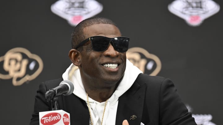 Jul 10, 2024; Las Vegas, NV, USA; Colorado Buffaloes head coach Deion Sanders speaks to the media during the Big 12 Media Days at Allegiant Stadium. Mandatory Credit: Candice Ward-USA TODAY Sports Jul 10, 2024; Las Vegas, NV, USA; Colorado Buffaloes head coach Deion Sanders speaks to the media during the Big 12 Media Days at Allegiant Stadium. Mandatory Credit: Candice Ward-USA TODAY Sports