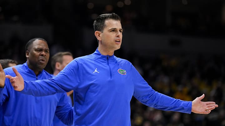 Jan 20, 2024; Columbia, Missouri, USA; Florida Gators head coach Todd Golden reacts during the first