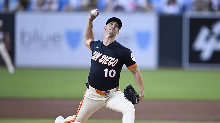 Jun 26, 2026; San Diego, California, USA; San Diego Padres pitcher Walker Buehler (10) delivers during the second inning against the Los Angeles Dodgers at Petco Park. Mandatory Credit: Denis Poroy-Imagn Images