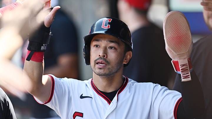 Aug 20, 2026; Cleveland, Ohio, USA; Cleveland Guardians left fielder Steven Kwan (38) celebrates after scoring during the first inning against the San Francisco Giants at Progressive Field. Mandatory Credit: Ken Blaze-Imagn Images Aug 20, 2026; Cleveland, Ohio, USA; Cleveland Guardians left fielder Steven Kwan (38) celebrates after scoring during the first inning against the San Francisco Giants at Progressive Field. Mandatory Credit: Ken Blaze-Imagn Images