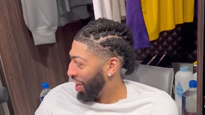 Los Angeles Lakers center Anthony Davis speaks to the media in the team locker room after a 119–102 win over the Atlanta Hawks at the crypto.com Arena on January 3, 2025. 