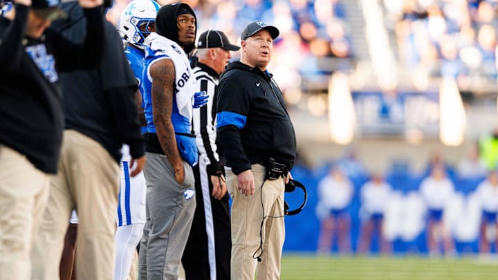 Nov 16, 2024; Lexington, Kentucky, USA; Kentucky Wildcats head coach Mark Stoops looks on during the second quarter against the Murray State Racers at Kroger Field. Mandatory Credit: Jordan Prather-Imagn Images