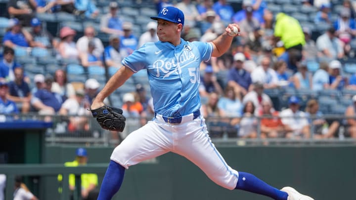 Jun 1, 2025; Kansas City, Missouri, USA; Kansas City Royals starting pitcher Kris Bubic (50) delivers a pitch against the Detroit Tigers during the first inning at Kauffman Stadium. Mandatory Credit: Denny Medley-Imagn Images