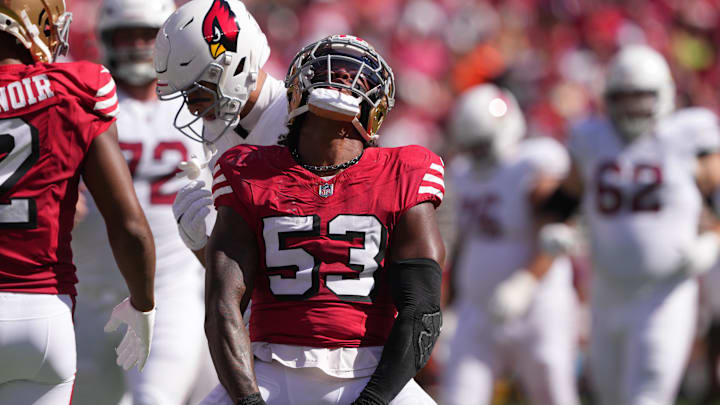 Oct 6, 2024; Santa Clara, California, USA; San Francisco 49ers linebacker Dee Winters (53) reacts after a tackle against the Arizona Cardinals during the first quarter at Levi's Stadium. Mandatory Credit: Darren Yamashita-Imagn Images