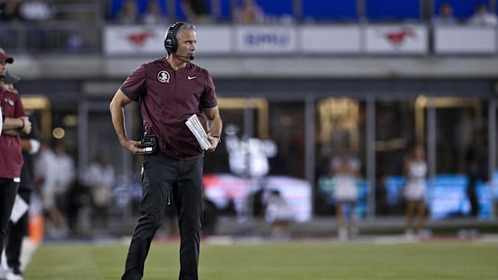 Sep 28, 2024; Dallas, Texas, USA; Florida State Seminoles head coach Mike Norvell looks on during the second half against the Southern Methodist Mustangs at Gerald J. Ford Stadium. Mandatory Credit: Jerome Miron-Imagn Images