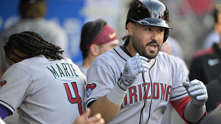 Arizona Diamondbacks third baseman Eugenio Suarez (28) celebrates with  second baseman Ketel Marte (4) after his second solo home run of the game during the fourth inning against the Los Angeles Angels at Angel Stadium on July 12. 